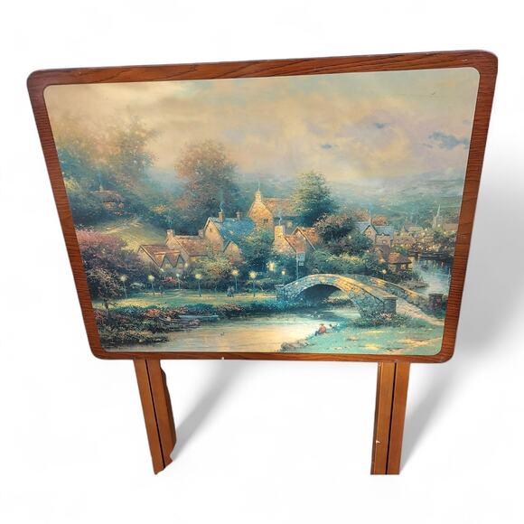 Vintage Thomas Kinkade Wooden TV Trays Tables Set Lot of 4 Folding Snack Trays - Picture 6 of 8